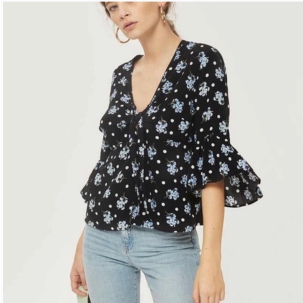 Topshop Felicity Floral Polka Dot Tie Front Blouse